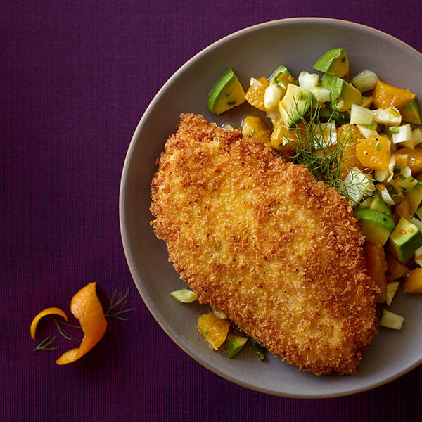 Crispy Orange Chicken with Fennel, Avocado and Orange Salad