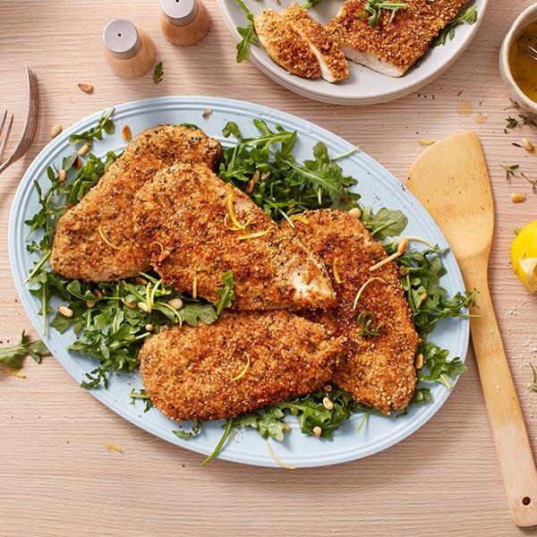 Hemp and Almond Encrusted Chicken with Lemony Arugula