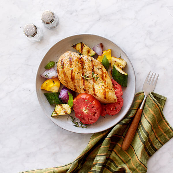 Grilled Chicken w/ Charred Squash & Heirloom Tomatoes
