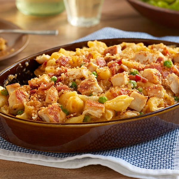Cheddar Chicken Mac and Cheese with Peas & Bacon