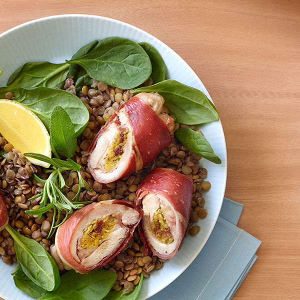 Cherry & Goat Cheese Stuffed Chicken with Merlot-Scented Lentils
