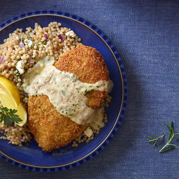 Panko-Crusted Lemon Butter Chicken with Israeli Couscous Salad