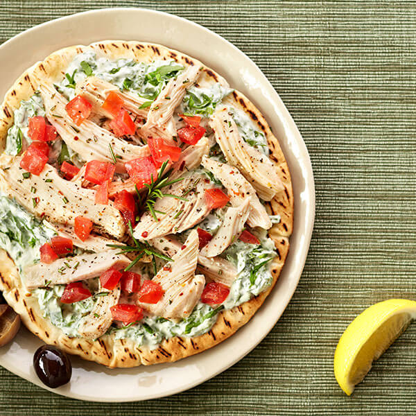 Olive and Lemon Poached Tuscan Chicken on Grilled Pitas with Spinach Spread