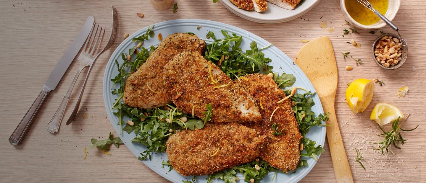 Hemp and Almond Encrusted Chicken with Lemony Arugula